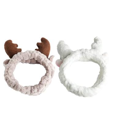 Deer Antler Spa Headband for Women Girls Washing Face Headbands Make Up Heads Bands for Women Soft Coral Fleece Stretchy Hair Bands for Skin Care Christmas Elk Headband Gift