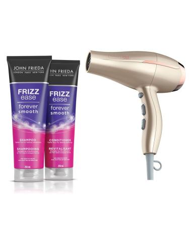 Conair InfinitiPRO Frizz Free Dryer and John Frieda Frizz Ease Forever Smooth Duo Shampoo & Conditioner for 72-hour humidity protection and long-lasting smoothness | 1875 watt dryer