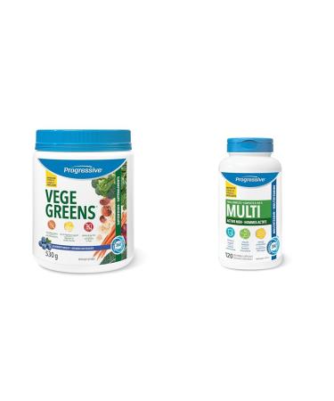 Progressive Vegegreens Blueberry Medley Flavour 530 g Anti-Inflammatory plus Liver & Digestion Support & Multivitamin for Active Men 120 Count With Ashwagandha & Siberian Ginseng