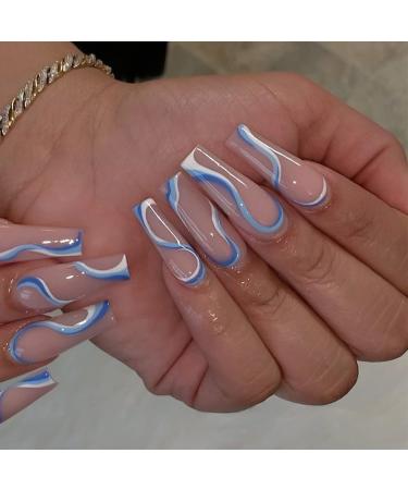 RikView Press on Nails Long Fake Nails Coffin Blue Nails Glossy Acrylic Nails for Women with Swirls Design Blue Swirls