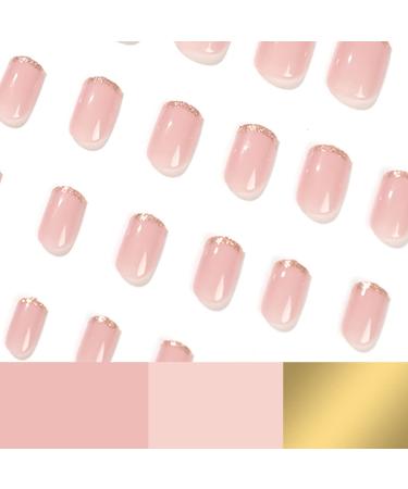 Gold Glitter French Tips Press On Nails - 24Pcs Square Nude Pink False Nail Kit for Women - Reusable Acrylic Gel Nails with Designs - Holiday Gift Set - Buy Online on SooperMarket.com