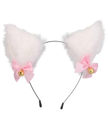 zalati Fox Ears Headband Plush Handmade Hairband Cute Style with Bowknot & Small Bells for Halloween Christmas Cosplay Party Costume Party Decor - White