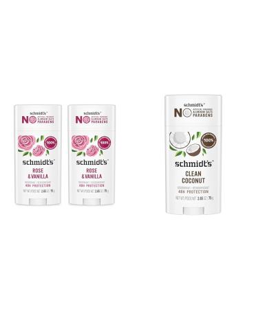 Schmidt's Aluminum-Free Vegan Deodorant Rose & Vanilla 2 Count and Clean Coconut 2.65 oz Each 24 Hour Odor Protection