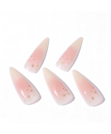 Shop 24Pcs Almond Press on Nails - Long Stiletto Faux Nails Pink Ombre Acrylic with Gold Star Designs - Cute Summer Nails for Women - Buy Online on SooperMarket.com
