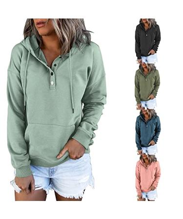 Hoodies for Women Casual Solid Long Sleeve Button Drawstring Hooded Sweatshirts with Pocket #Green XX-Large