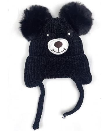 Cute Bear Kids Winter Hat with Ear Flaps | Chenille Knitted Warm Hat for Baby Girls Boys | Fleece Lined Earflap Cap | Toddler Cold Weather Beanie - Buy Online on SooperMarket.com