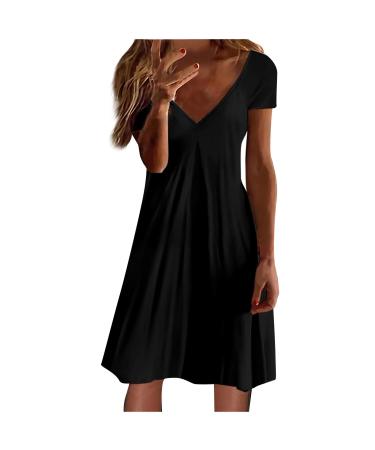 BOXIACEY Summer Dress for Women Casual Sexy Deep V Neck Solid Color Spring Dresses Loose Elastic Short Sleeve White Dress X-Large Black