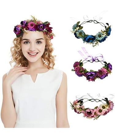 Floral Crown Headband Bride Flower Wreath Crown Flower Garland Headband Hair Wreath Hair Garland Boho Floral Headpiece with Ribbon Rose Flower Bohemian Hair Accessories for Wedding Party Festival Blue - Buy Online on SooperMarket.com