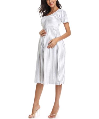 Love2Mi Short-Sleeve Maternity Dress XL - White Grey Stripe | Casual A-Line Midi Pregnant Dress - Buy Online on SooperMarket.com