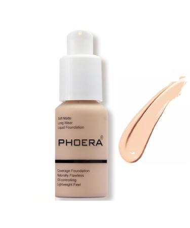 Phooera Fulll Coverage Liquid foundation Matte Finish Concealer Long wear 24hrs Oil Controlling Naturally Flawless Lightweigt Feel Buildable (102 NUDE)