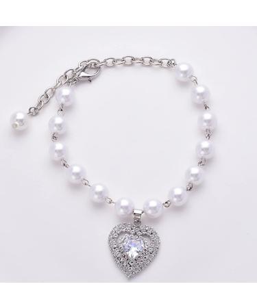 Rayminsino pet necklace with cardiac and cat pearls and shiny gemstones pearl-strass collar for small cats and dogs wedding jewelry M silver colors