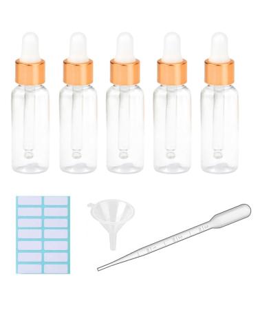5Pcs Transparent Dropper Bottle 50ML Plastic Eye Dropper Bottles for Essential Oil Pipette Refillable - with Measured Pipette Funnel and Labels (White + Gold Cap) 50ml White + Gold Cap