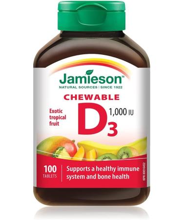 Jamieson Chewable Vitamin C 500 mg - White Juicy Peach Flavour 120 Count (Pack of 1) & Chewable Vitamin D3 1 000 IU - Exotic Tropical Fruit Flavour 100 Count (Pack of 1) - Buy Online on SooperMarket.com