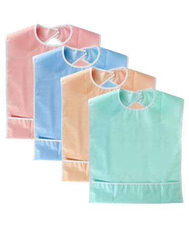 JuxYes Pack of 4 Waterproof Adult Bibs with Crumb Catcher - Washable Eating Care Bibs Reusable Terry Clothing Protectors Bibs for Elderly Seniors