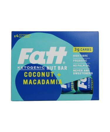 Fatt Keto Nut Bars - (Coconut & Macadamia 4 count) - 3g Carbs - 100% Natural Low-Carb Gluten Free Clean Keto Snack Bars with Super Fats - High Fibre Low Sugar Sweetener Free & Vegan - Aka Fattbar Coconut & Macadamia 4 count (Pack of 1)