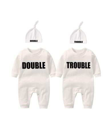 culbutomind Baby Twins Bodysuits Double Trouble Newborn Unisex Baby Romper Cute Outfit With Hat White BT 0-3 Months