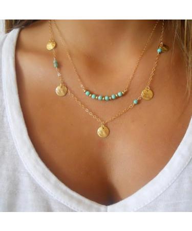 Boho Turquoise Double Pendant Necklace - Handmade Gold Necklace for Girls and Ladies (Style 1) - Buy Online on SooperMarket.com