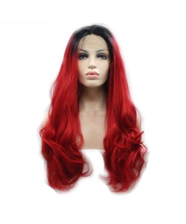 SHIYID Red Wavy Synthetic Lace Front Wigs With Dark Roots Heat Resistant Fiber Hair For Women