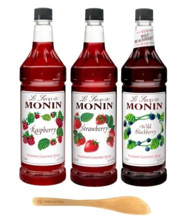 Monin Premium Gourmet Syrup, Raspberry, Strawberry, and Wild Blackberry, 33.8 Ounce (Pack of 3) - with Make Your Day Stirrer