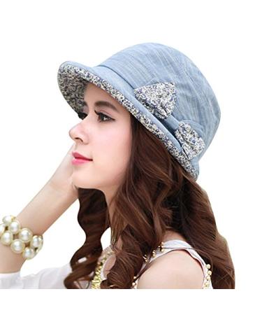 CACUSS Women's Foldable Floral Bucket Hat Rolled Brim with Bowknot Blue