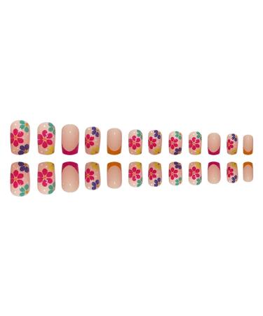 French Colored Flowers Short Square Fake Nails - 24 PCS, Glue on Nails for Women, Girls, Teens - with Glue Sticker and Nail File - Buy Online on SooperMarket.com
