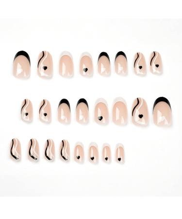 Black & White Swirl Almond Press On Nails | Full Cover False Nails | French Tip Heart Stick On Nails | Glossy Acrylic Nails for Women - Buy Online on SooperMarket.com