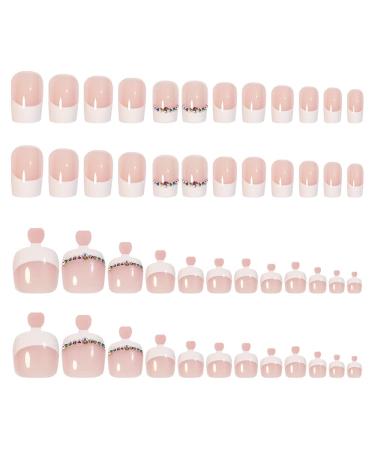 White Rhinestone French Tip Press on Toenails - 48Pcs Full Cover False Nails for Women - Buy Online on SooperMarket.com