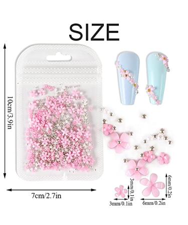 3D Flower Caviar Beads Nail Art Decals - White Pink Acrylic Charms with Pearl Beads for DIY Manicures - Buy Online on SooperMarket.com