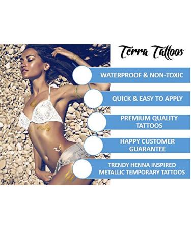 Terra Tattoos Gold Metallic Temporary Tats - 75+ Boho Henna Designs with Feathers, Tribal Elephants - Waterproof, Nontoxic, Long Lasting - Ideal for Beach, Festivals & More! - Buy Online on SooperMarket.com