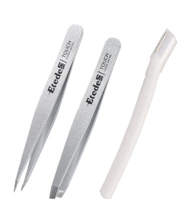 Precise Eyebrow Tweezers with Unique Shiny Silver Paint  3-in-1 1 Slant tweezers + 1 Pointed tweezers 1 Eyebrow Razor For Women. -0407002