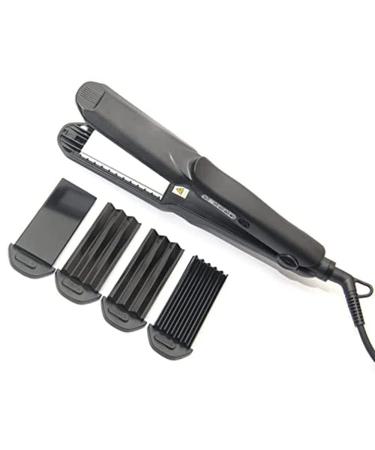Hair Crimper Professional Crimping Iron and Straighter with Heat Resistant Glove Adjustable Temperature Dual Voltage 4 Interchangeable Ceramic Plates (Black)