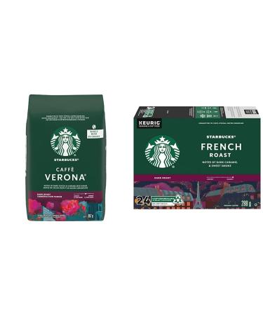 Starbucks Caffe Verona Whole Bean Dark Roast Coffee 907 gram & French Roast Dark Roast Coffee Single Serve Keurig K-Cup Pods 24 Capsules
