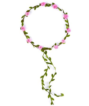 PLULON Pink Flower Crown Headband Women Garland Headband Hair Floral Wreath Boho Headpiece for Girls Wedding Festival Hair Accessories