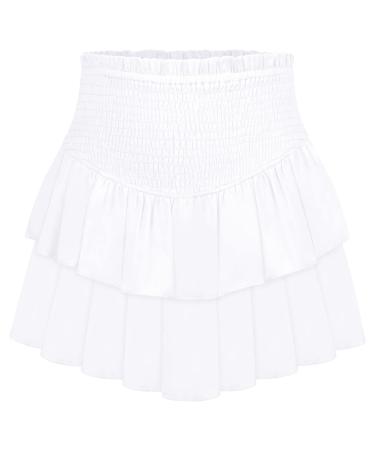 LAEMILIA Womens Elastic Waist Flared Short Skirt Floral Print Pleated Mini Skater Skirt with Drawstring L 02-white