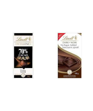 Lindt EXCELLENCE 70% Cacao Dark Chocolate Bar 100 Grams & No Sugar Added Dark Chocolate Bar 100 Grams