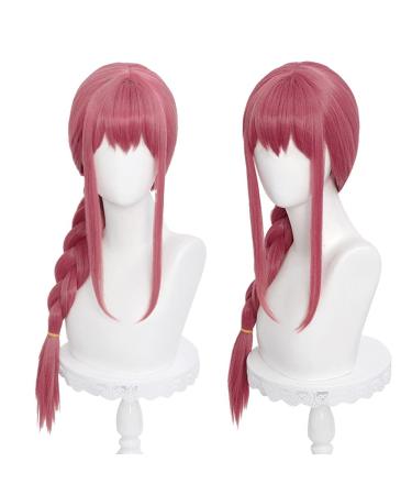 Long Pink Red Cosplay Wig Red Braid Wig with Bangs & Wig Cap Anime Red Wig Synthetic Hair for Women Girls Halloween Costume Party Makima