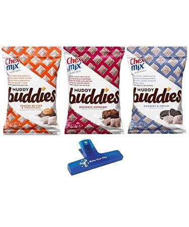 Chex Mix Muddy Buddies, Peanut Butter & Chocolate, Brownie Supreme, and Cookies & Cream, One 4.25oz Bag of Each Flavor with Make Your Day Bag Clip