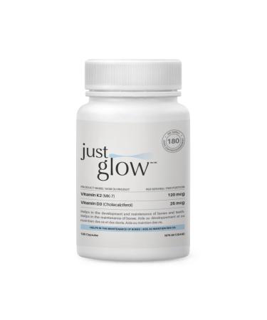 Just Glow Vitamin High-Potency K2 + D3 Supplement - 120mcg (MK-7) / 1000 IU - 180 Capsules - Helps Support Bones Teeth and Immune Function - Made In Canada