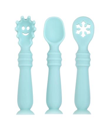 Vicloon Baby Fork and Spoon Set 3Pcs Silicone Spoon Baby Weaning Spoon Set Self Feeding Utensil Easy Grip Toddler Cutlery Kit Soft Baby Spoon for Infant Toddler Children First Led Training Weaning Blue