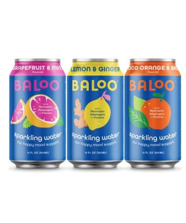 Baloo Sparkling Water Variety Pack Mood-Boosting Sparkling Water w/ Nootropics Adaptogens & Vitamins (12 Ounce Cans Pack of 12) - NO Artificial Sweeteners Low Calories & Low Sugar Kosher Certified