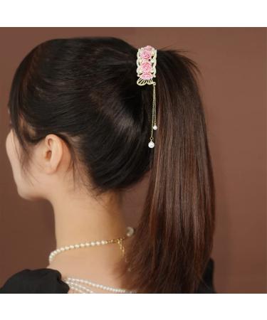 3 Pcs Rose Flower Tassel Ponytail Hair Clips | Vintage High Ponytail Hair Barrettes with Pearl Rhinestone Metal | Chinese Decorative Accessories for Bride Women Girls - Buy Online on SooperMarket.com