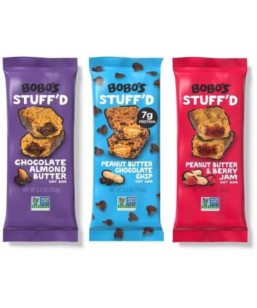 Bobo's Stuff'd Bars Filled Oat Bar's Chocolate Almond Butter Peanut Butter Chocolate Chip and Peanut Butter & Berry Jam 2.5 Oune (Pack of 6) Gluten Free Non-GMO Vegan Kosher and Soy Free. Bundled with Make Your Day Bag Clip
