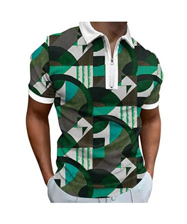 2023 New Mens Summer Digital 3D Printing Fashion Poster Lapel Zipper Short Sleeve Shirt T Shirt Top Blouse Green 3X-Large