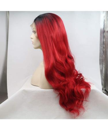 SHIYID Red Wavy Lace Front Wig with Dark Roots - Heat Resistant Synthetic Hair for Women | International Shipping Available - Buy Online on SooperMarket.com