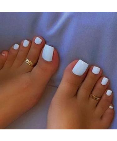 Outyua Glossy Toenails White Square Press On Tonail Short Solid False Toe Nails Cute Summer Beach Feet Fake Nail with Designs for Women and Girls 24pcs (White)