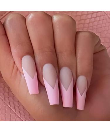 Brishow Coffin Artificial Nails Pink False Nails Ballerina Acrylic Press on Nails Full Cover 24pcs for Women and Girls