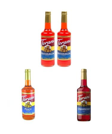 Torani Watermelon Flavour Syrup 750ml bottle 2 Pack red & Torani Peach Flavor Syrup 750ml & Torani C-34016 Syrup Strawberry 750 Milliliter (Pack of 1) Syrup+ Peach Syrup+ Syrup Strawberry