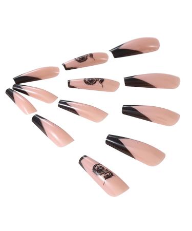Brishow Pink Long Press-On Nails with Black Dragon French Design | 24-Piece Artificial Nails for Women & Girls - Buy Online on SooperMarket.com