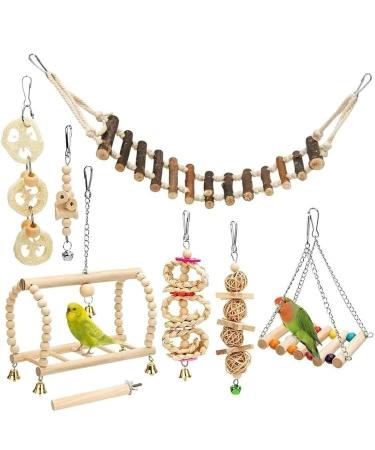 ZIXRMOR Wood bird cage budgie parrot bird chewing natural wood hanging swinging and jumping budgie accessories 8 pieces of bird toys (geometric)