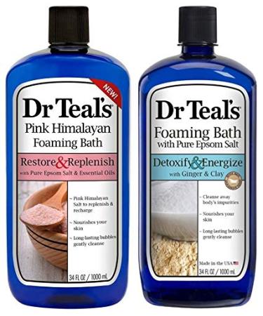 Dr Teal's Foaming Bath Combo Pack (68 fl oz Total), Restore & Replenish with Pink Himalayan, and Detoxify & Energize with Ginger & Clay